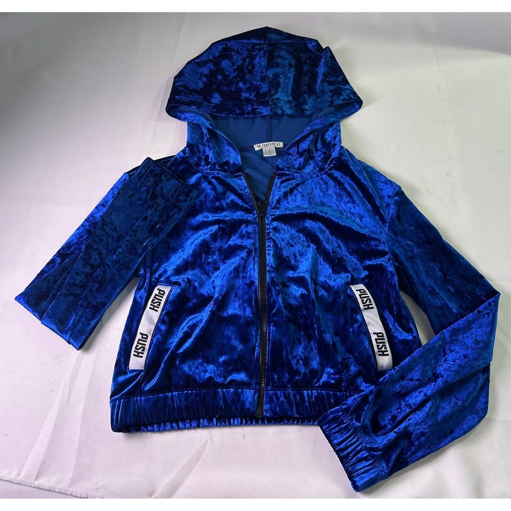Forever 21‎ PUSH Blue Crushed Velvet Zip Up Hoodie Cropped Y2K Streetwear XS